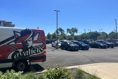 A view of a Western parking lot on a sunny day.