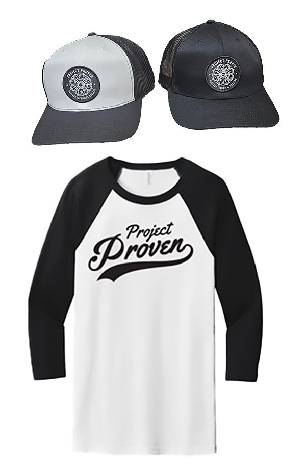 A white trucker hat, a black trucker hat, and a baseball-style t-shirt, all with the Project Proven logo.