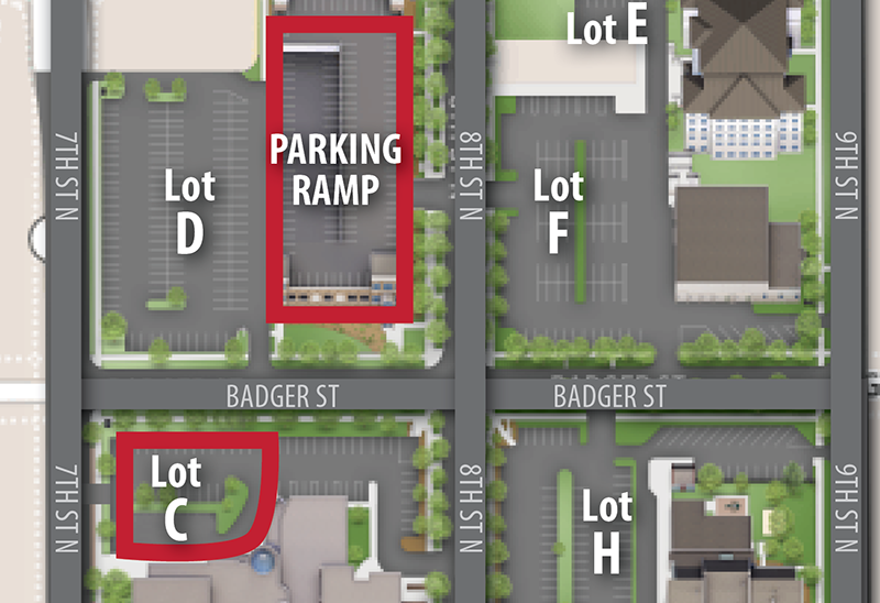 A map of the La Crosse campus showing Wi-Fi available at the Parking Ramp and Lot C.