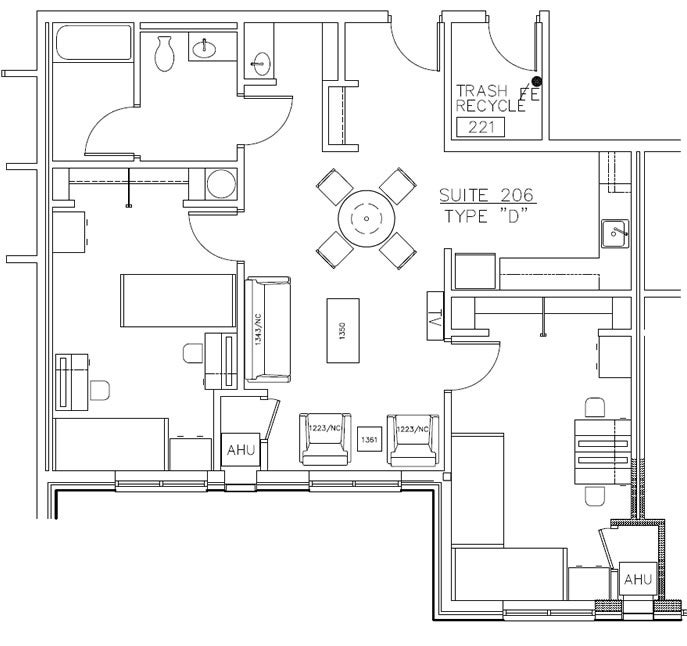 Blueprint-style depiction of floor plan D.