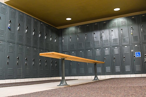 The locker rooms have large lockers and benches for storing your gear.