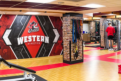 View of the Wellness Center, including resistance bands and open areas for stretching and free exercise.
