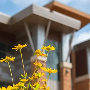 Yellow flowers with the Integrated Technology Center in the background