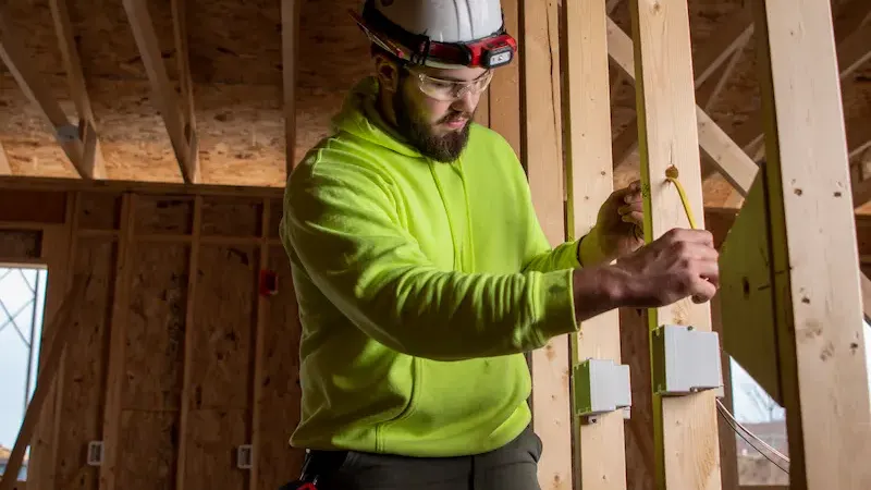 Worker in a lime green hoodie, safety gear, and a hard hat runs yellow wiring through wooden framing in a partially constructed building.